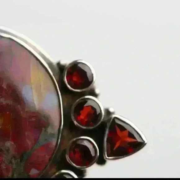 .925 Sterling Silver Brecciated Jasper Pendant w/ Garnet Accents- Handmade Boho - Picture 9 of 16
